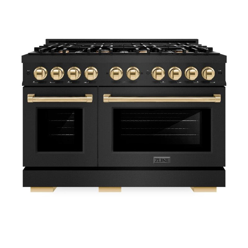 ZLINE Autograph Edition 48 in. 6.7 cu. ft. Select Double Oven Dual Fuel Range with 8 Burner Gas Cooktop in Black Stainless Steel and Polished Gold Accents (HDRBZ-48-G) - (HDRBZ48G) -