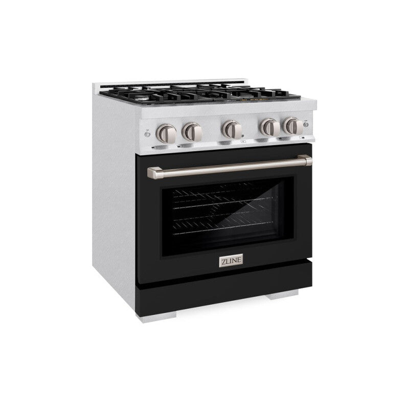 ZLINE 30 in. 4.2 cu. ft. Select Dual Fuel Range with 4 Burner Gas Cooktop and Electric Convection Oven in DuraSnow® Stainless Steel with Black Matte Door (HDRS-BLM-30) - (HDRSBLM30) -