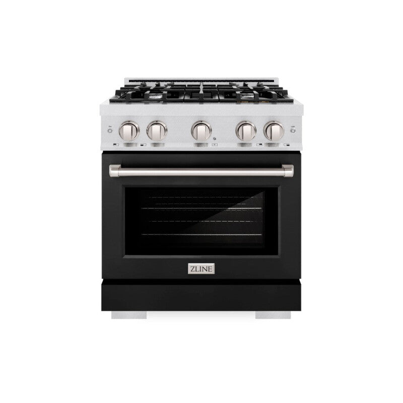 ZLINE 30 in. 4.2 cu. ft. Select Dual Fuel Range with 4 Burner Gas Cooktop and Electric Convection Oven in DuraSnow® Stainless Steel with Black Matte Door (HDRS-BLM-30) - (HDRSBLM30) -