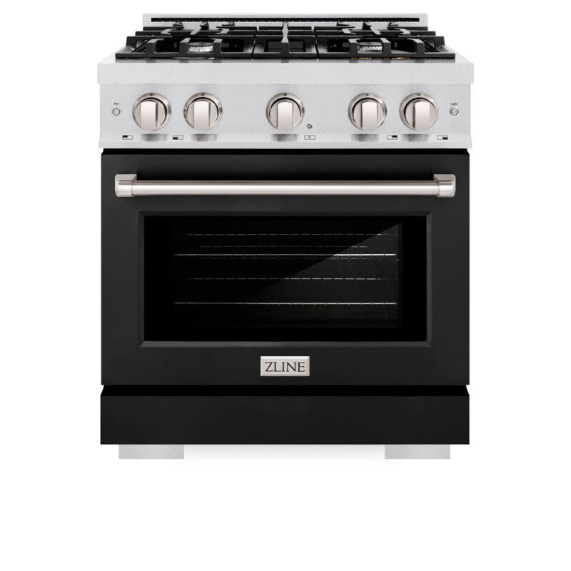 ZLINE 30 in. 4.2 cu. ft. Select Dual Fuel Range with 4 Burner Gas Cooktop and Electric Convection Oven in DuraSnow® Stainless Steel with Black Matte Door (HDRS-BLM-30) - (HDRSBLM30) -