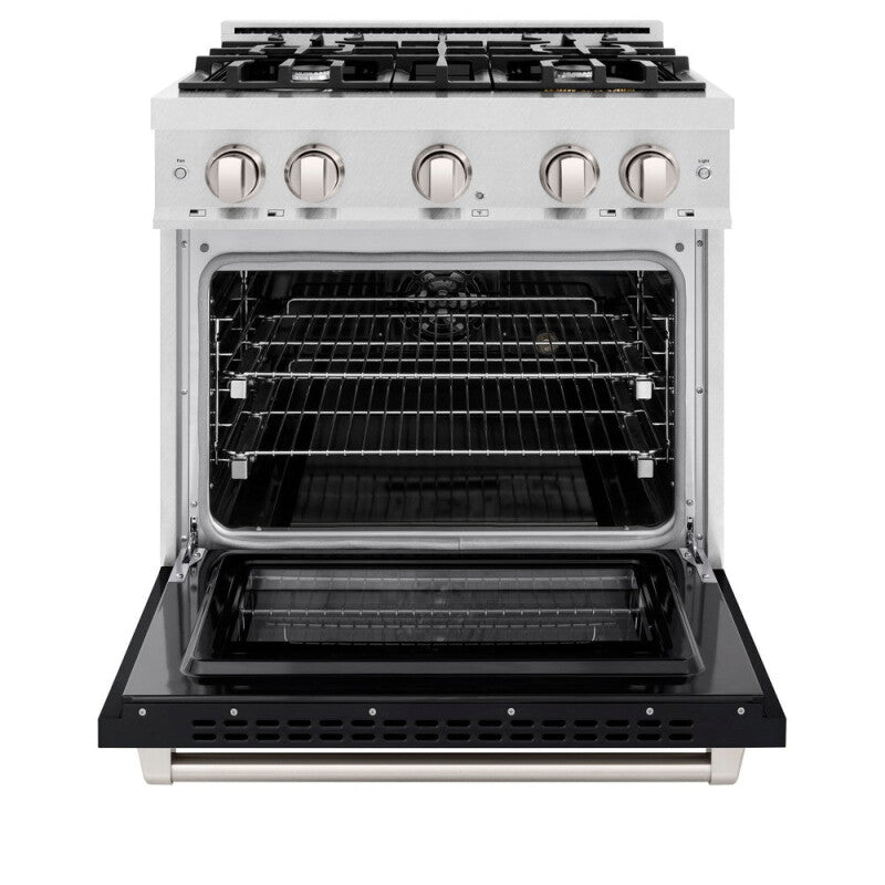 ZLINE 30 in. 4.2 cu. ft. Select Dual Fuel Range with 4 Burner Gas Cooktop and Electric Convection Oven in DuraSnow® Stainless Steel with Black Matte Door (HDRS-BLM-30) - (HDRSBLM30) -