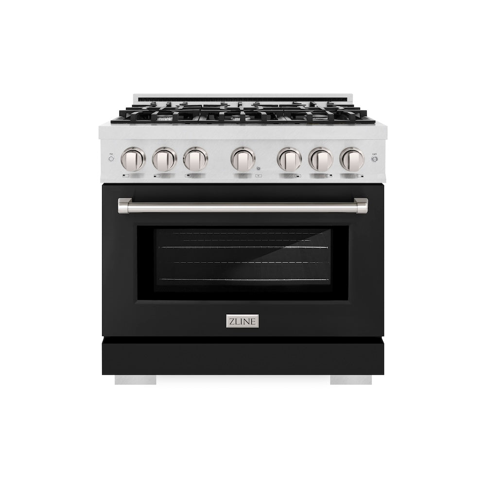 ZLINE 36 in. 5.2 cu. ft. Select Dual Fuel Range with 6 Burner Gas Cooktop and Electric Convection Oven in DuraSnow® Stainless Steel with Black Matte Door (HDRS-BLM-36) - (HDRSBLM36) -