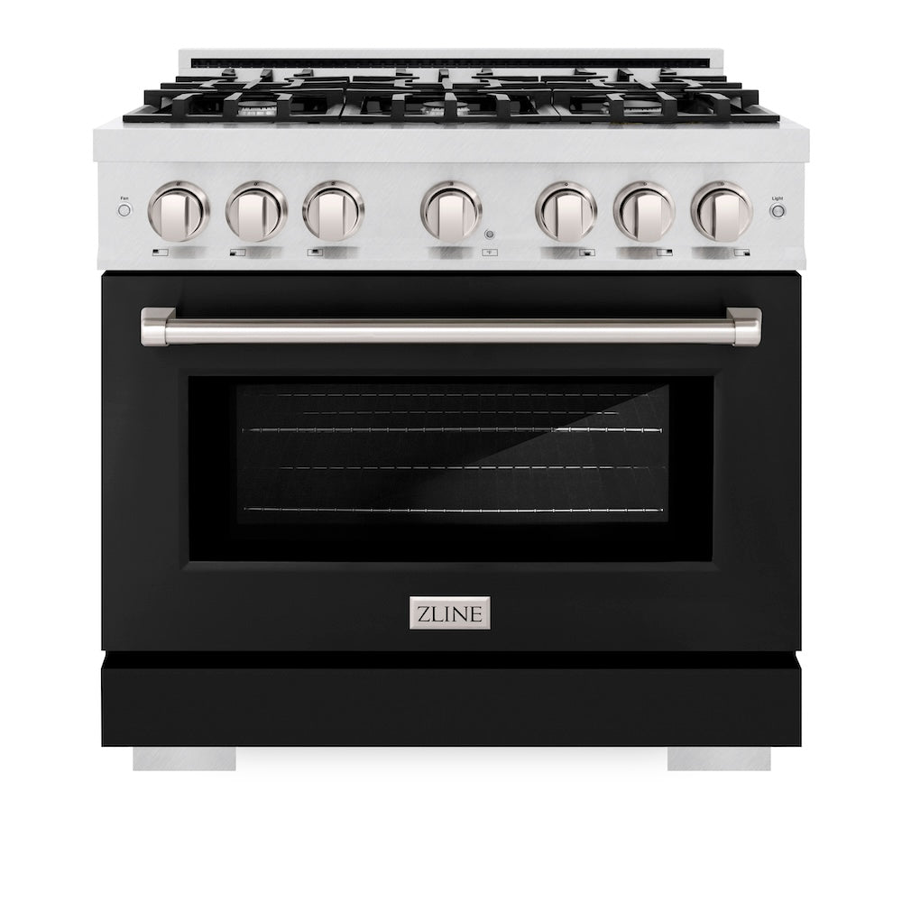ZLINE 36 in. 5.2 cu. ft. Select Dual Fuel Range with 6 Burner Gas Cooktop and Electric Convection Oven in DuraSnow® Stainless Steel with Black Matte Door (HDRS-BLM-36) - (HDRSBLM36) -