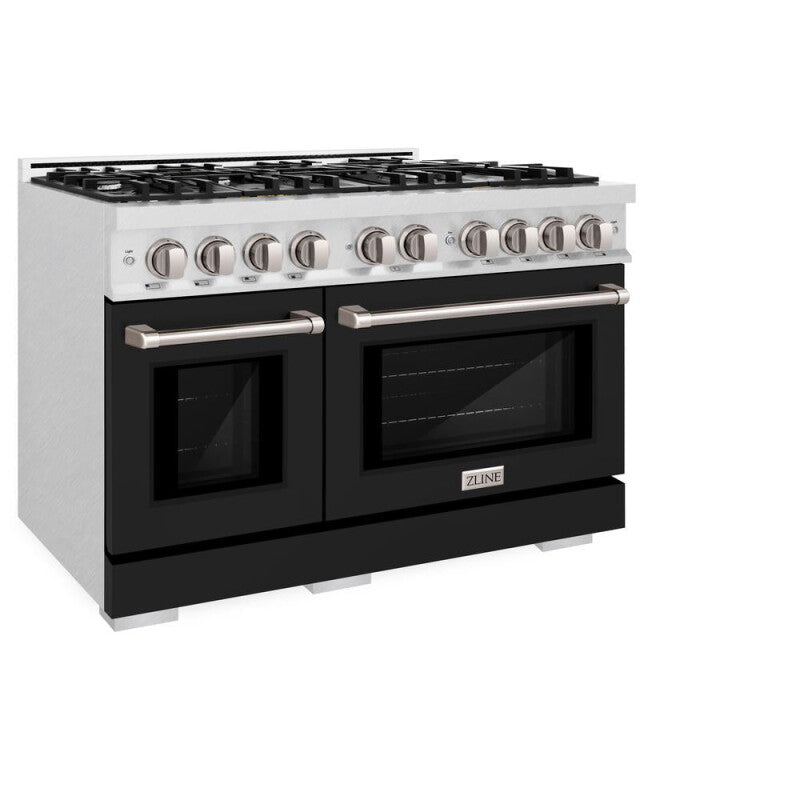 ZLINE 48 in. 6.7 cu. ft. Select Double Oven Dual Fuel Range with 8 Burner Gas Cooktop in DuraSnow® Stainless Steel with Black Matte Doors (HDRS-BLM-48) - (HDRSBLM48) -