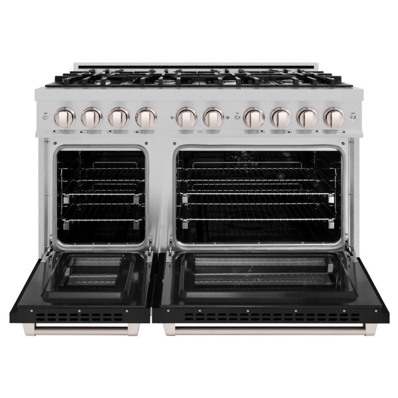 ZLINE 48 in. 6.7 cu. ft. Select Double Oven Dual Fuel Range with 8 Burner Gas Cooktop in DuraSnow® Stainless Steel with Black Matte Doors (HDRS-BLM-48) - (HDRSBLM48) -