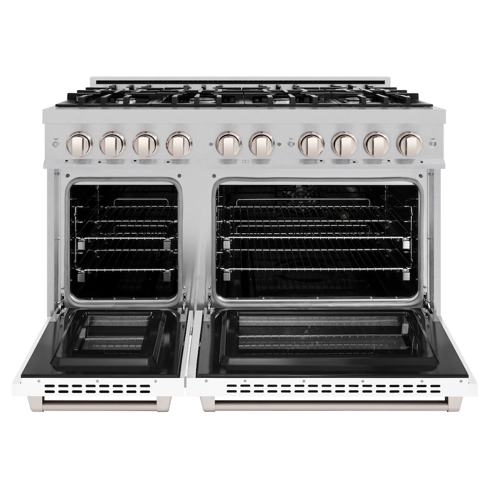 ZLINE 48 in. 6.7 cu. ft. Select Double Oven Dual Fuel Range with 8 Burner Gas Cooktop in DuraSnow® Stainless Steel with White Matte Doors (HDRS-WM-48) - (HDRSWM48) -