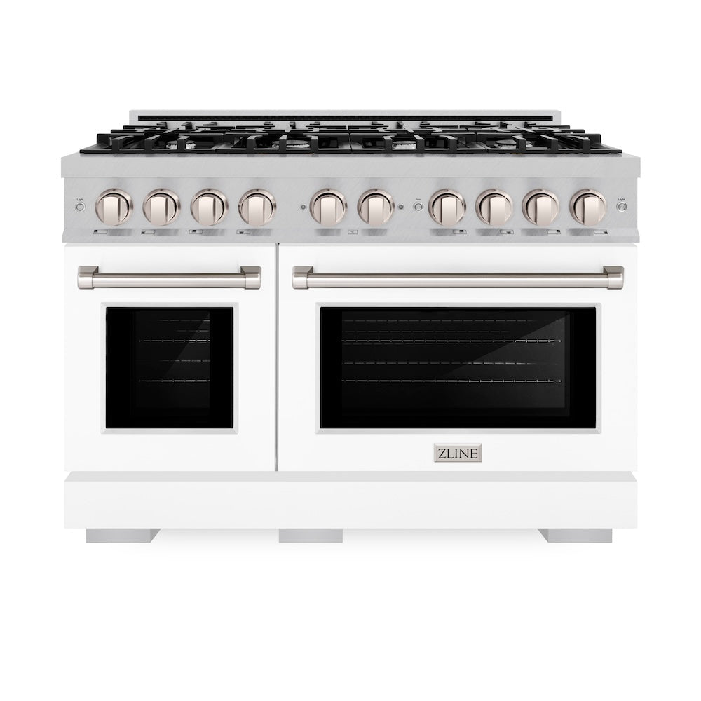 ZLINE 48 in. 6.7 cu. ft. Select Double Oven Dual Fuel Range with 8 Burner Gas Cooktop in DuraSnow® Stainless Steel with White Matte Doors (HDRS-WM-48) - (HDRSWM48) -