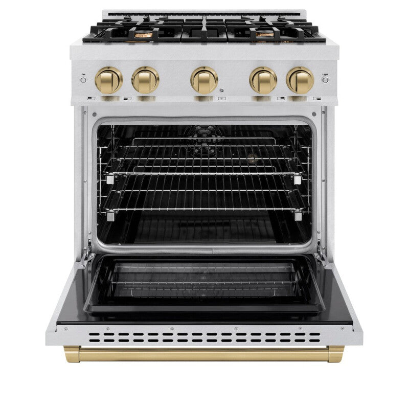 ZLINE Autograph Edition 30 in. 4.2 cu. ft. Select Dual Fuel Range with 4 Burner Gas Cooktop and Electric Convection Oven in DuraSnow® Stainless Steel with Champagne Bronze Accents (HDRSZ-30-CB) - (HDRSZ30CB) -