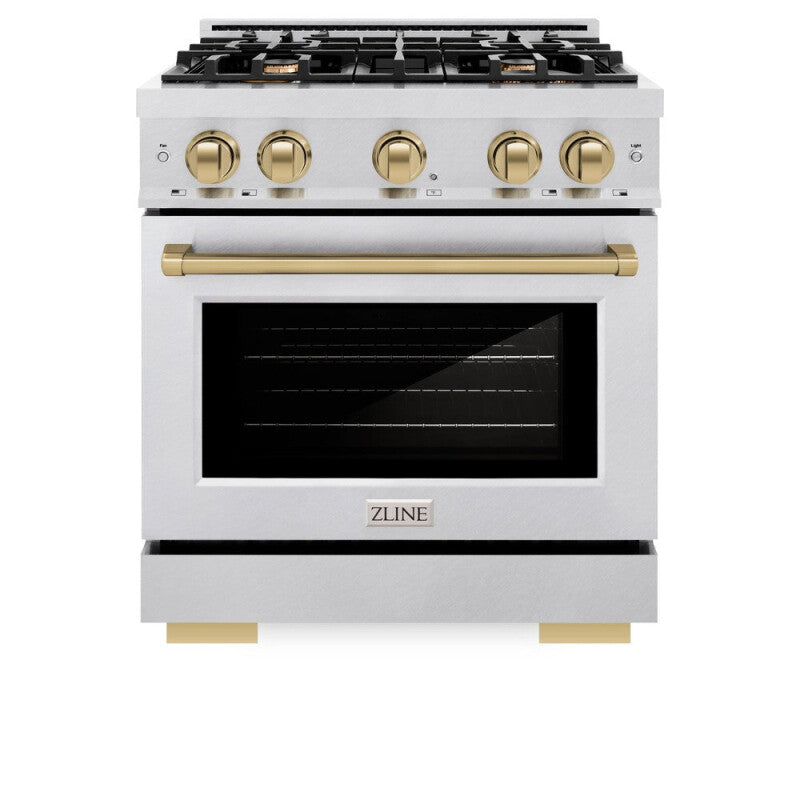 ZLINE Autograph Edition 30 in. 4.2 cu. ft. Select Dual Fuel Range with 4 Burner Gas Cooktop and Electric Convection Oven in DuraSnow® Stainless Steel with Champagne Bronze Accents (HDRSZ-30-CB) - (HDRSZ30CB) -