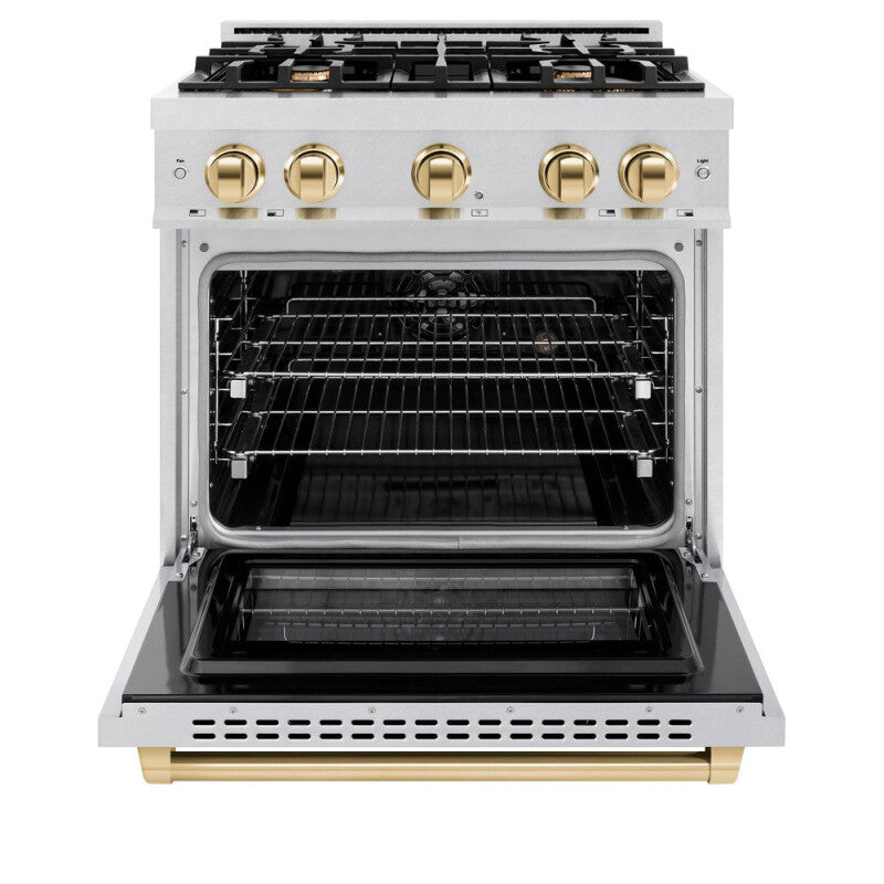 ZLINE Autograph Edition 30 in. 4.2 cu. ft. Select Dual Fuel Range with 4 Burner Gas Cooktop and Electric Convection Oven in DuraSnow® Stainless Steel with Polished Gold Accents (HDRSZ-30-G) - (HDRSZ30G) -