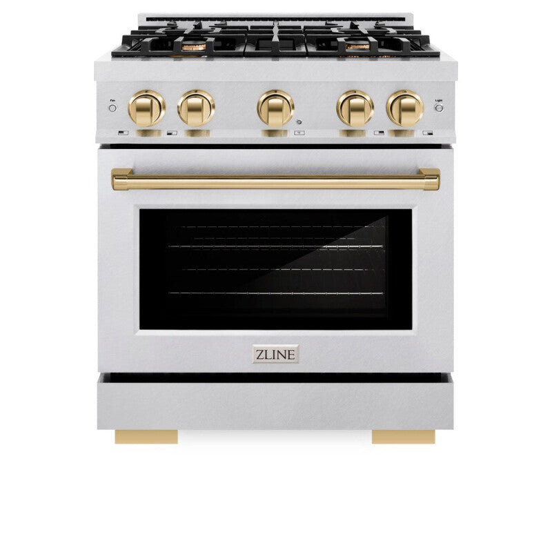 ZLINE Autograph Edition 30 in. 4.2 cu. ft. Select Dual Fuel Range with 4 Burner Gas Cooktop and Electric Convection Oven in DuraSnow® Stainless Steel with Polished Gold Accents (HDRSZ-30-G) - (HDRSZ30G) -