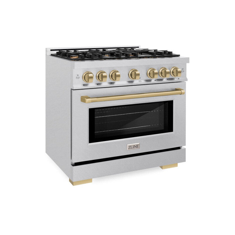 ZLINE Autograph Edition 36 in. 5.2 cu. ft. Select Dual Fuel Range with 6 Burner Gas Cooktop and Electric Convection Oven in DuraSnow® Stainless Steel with Champagne Bronze Accents (HDRSZ-36-CB) - (HDRSZ36CB) -