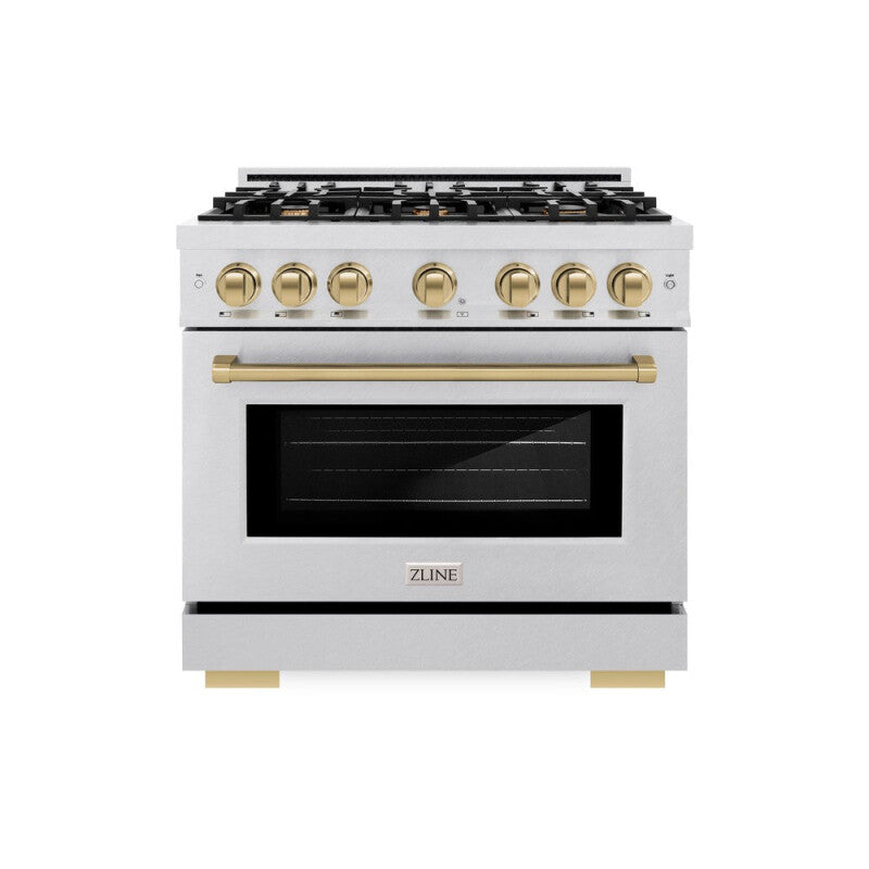 ZLINE Autograph Edition 36 in. 5.2 cu. ft. Select Dual Fuel Range with 6 Burner Gas Cooktop and Electric Convection Oven in DuraSnow® Stainless Steel with Champagne Bronze Accents (HDRSZ-36-CB) - (HDRSZ36CB) -