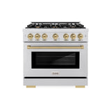 ZLINE Autograph Edition 36 in. 5.2 cu. ft. Select Dual Fuel Range with 6 Burner Gas Cooktop and Electric Convection Oven in DuraSnow® Stainless Steel with Champagne Bronze Accents (HDRSZ-36-CB) - (HDRSZ36CB) -