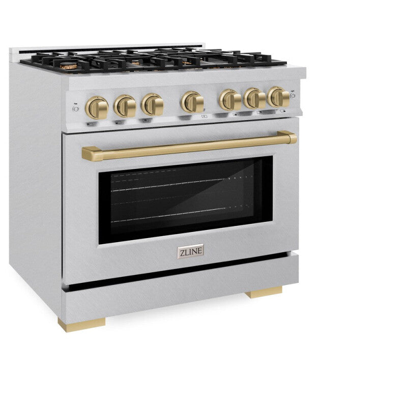 ZLINE Autograph Edition 36 in. 5.2 cu. ft. Select Dual Fuel Range with 6 Burner Gas Cooktop and Electric Convection Oven in DuraSnow® Stainless Steel with Champagne Bronze Accents (HDRSZ-36-CB) - (HDRSZ36CB) -