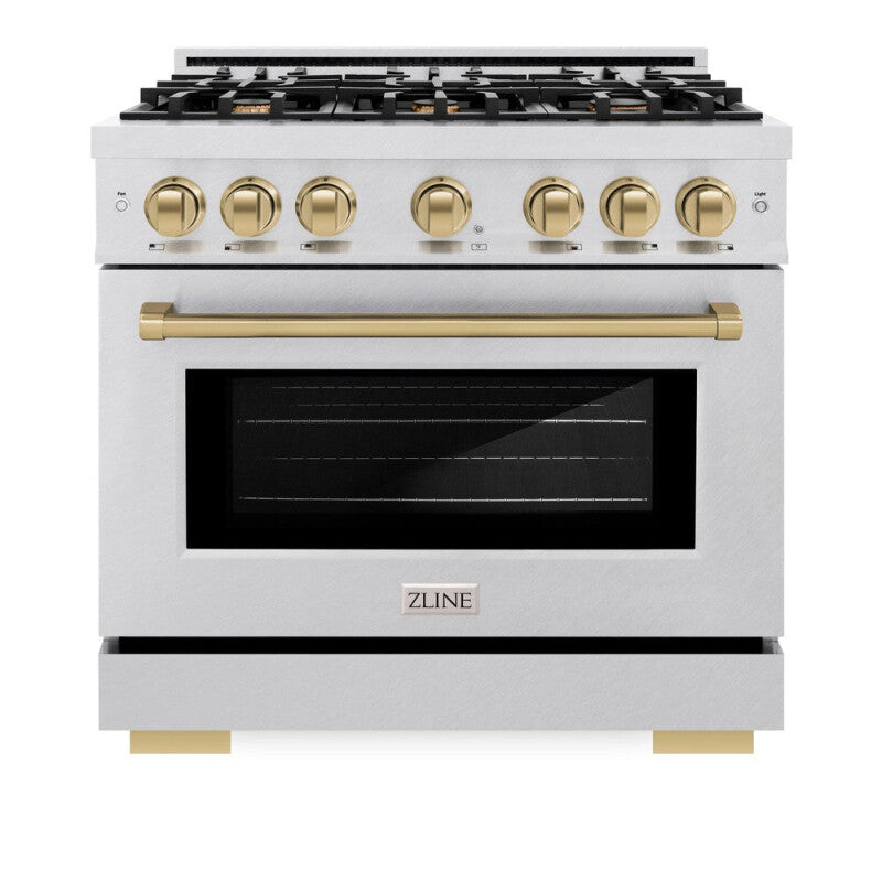 ZLINE Autograph Edition 36 in. 5.2 cu. ft. Select Dual Fuel Range with 6 Burner Gas Cooktop and Electric Convection Oven in DuraSnow® Stainless Steel with Champagne Bronze Accents (HDRSZ-36-CB) - (HDRSZ36CB) -