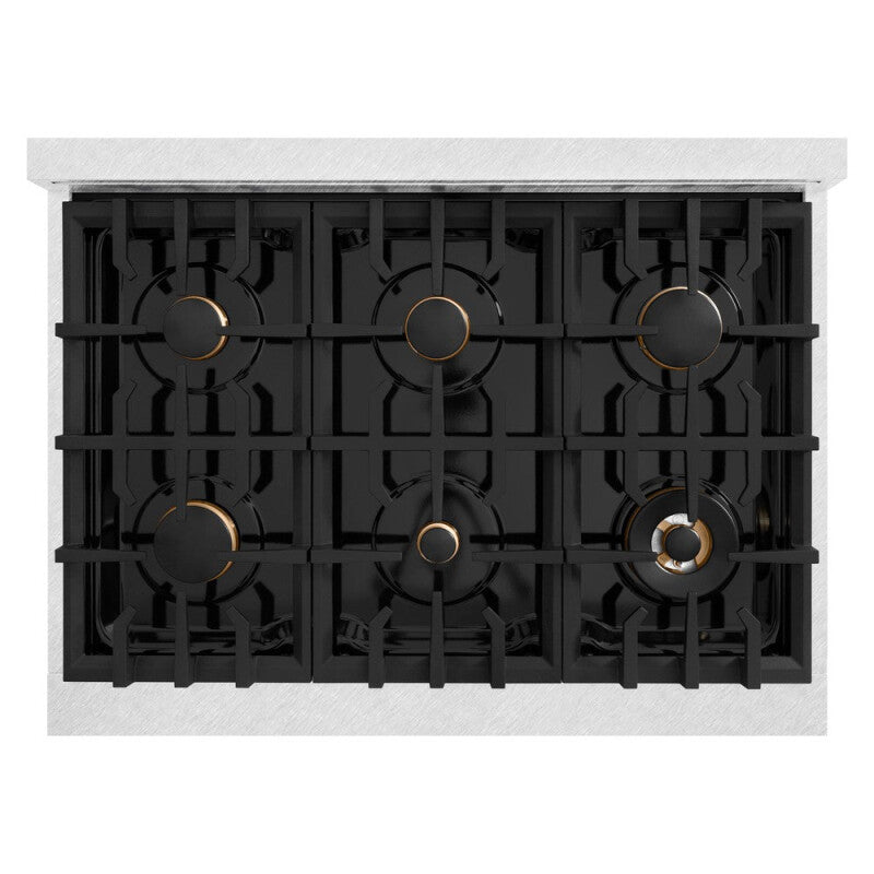 ZLINE Autograph Edition 36 in. 5.2 cu. ft. Select Dual Fuel Range with 6 Burner Gas Cooktop and Electric Convection Oven in DuraSnow® Stainless Steel with Champagne Bronze Accents (HDRSZ-36-CB) - (HDRSZ36CB) -