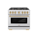 ZLINE Autograph Edition 36 in. 5.2 cu. ft. Select Dual Fuel Range with 6 Burner Gas Cooktop and Electric Convection Oven in DuraSnow® Stainless Steel with Polished Gold Accents (HDRSZ-36-G) - (HDRSZ36G) -