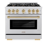 ZLINE Autograph Edition 36 in. 5.2 cu. ft. Select Dual Fuel Range with 6 Burner Gas Cooktop and Electric Convection Oven in DuraSnow® Stainless Steel with Polished Gold Accents (HDRSZ-36-G) - (HDRSZ36G) -