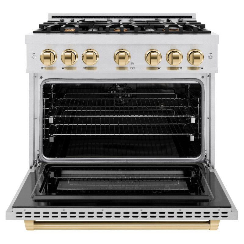 ZLINE Autograph Edition 36 in. 5.2 cu. ft. Select Dual Fuel Range with 6 Burner Gas Cooktop and Electric Convection Oven in DuraSnow® Stainless Steel with Polished Gold Accents (HDRSZ-36-G) - (HDRSZ36G) -