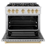 ZLINE Autograph Edition 36 in. 5.2 cu. ft. Select Dual Fuel Range with 6 Burner Gas Cooktop and Electric Convection Oven in DuraSnow® Stainless Steel with Polished Gold Accents (HDRSZ-36-G) - (HDRSZ36G) -
