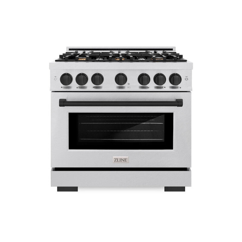 ZLINE Autograph Edition 36 in. 5.2 cu. ft. Select Dual Fuel Range with 6 Burner Gas Cooktop and Electric Convection Oven in DuraSnow® Stainless Steel with Matte Black Accents (HDRSZ-36-MB) - (HDRSZ36MB) -