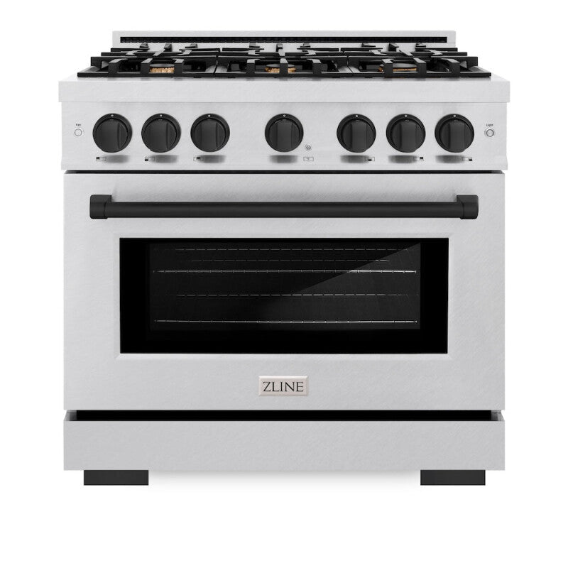 ZLINE Autograph Edition 36 in. 5.2 cu. ft. Select Dual Fuel Range with 6 Burner Gas Cooktop and Electric Convection Oven in DuraSnow® Stainless Steel with Matte Black Accents (HDRSZ-36-MB) - (HDRSZ36MB) -