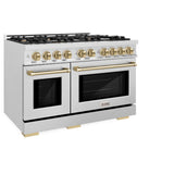 ZLINE Autograph Edition 48 in. 6.7 cu. ft. Select Double Oven Dual Fuel Range with 8 Burner Gas Cooktop in DuraSnow® Stainless Steel and Champagne Bronze Accents (HDRSZ-48-CB) - (HDRSZ48CB) -