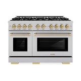 ZLINE Autograph Edition 48 in. 6.7 cu. ft. Select Double Oven Dual Fuel Range with 8 Burner Gas Cooktop in DuraSnow® Stainless Steel and Champagne Bronze Accents (HDRSZ-48-CB) - (HDRSZ48CB) -