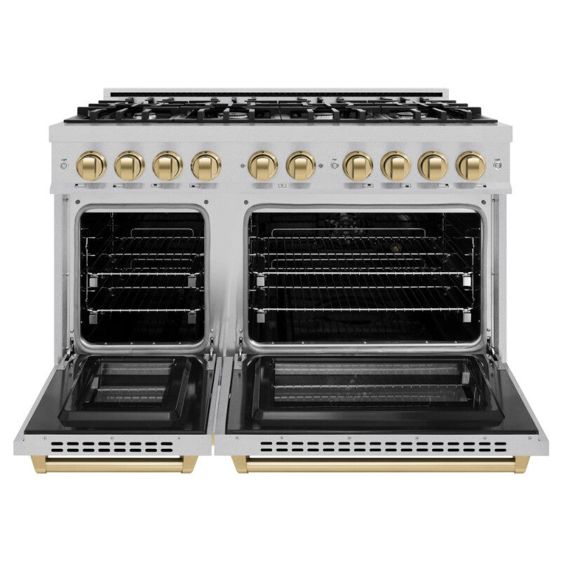ZLINE Autograph Edition 48 in. 6.7 cu. ft. Select Double Oven Dual Fuel Range with 8 Burner Gas Cooktop in DuraSnow® Stainless Steel and Champagne Bronze Accents (HDRSZ-48-CB) - (HDRSZ48CB) -
