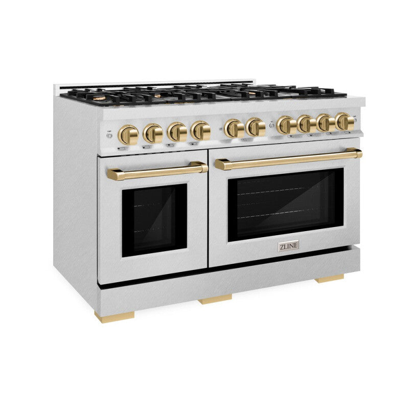 ZLINE Autograph Edition 48 in. 6.7 cu. ft. Select Double Oven Dual Fuel Range with 8 Burner Gas Cooktop in DuraSnow® Stainless Steel and Polished Gold Accents (HDRSZ-48-G) - (HDRSZ48G) -