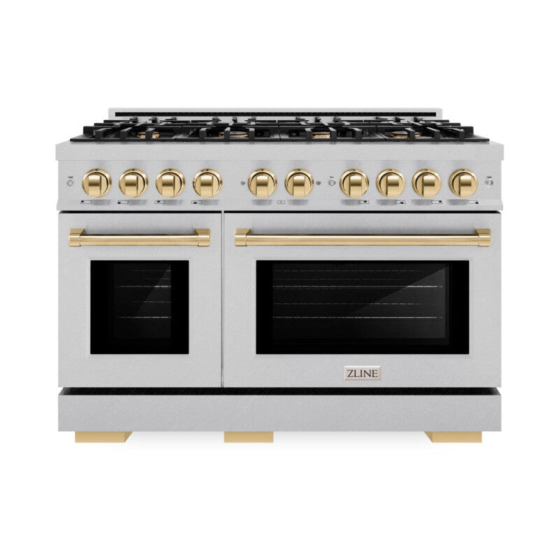 ZLINE Autograph Edition 48 in. 6.7 cu. ft. Select Double Oven Dual Fuel Range with 8 Burner Gas Cooktop in DuraSnow® Stainless Steel and Polished Gold Accents (HDRSZ-48-G) - (HDRSZ48G) -