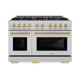 ZLINE Autograph Edition 48 in. 6.7 cu. ft. Select Double Oven Dual Fuel Range with 8 Burner Gas Cooktop in DuraSnow® Stainless Steel and Polished Gold Accents (HDRSZ-48-G) - (HDRSZ48G) -