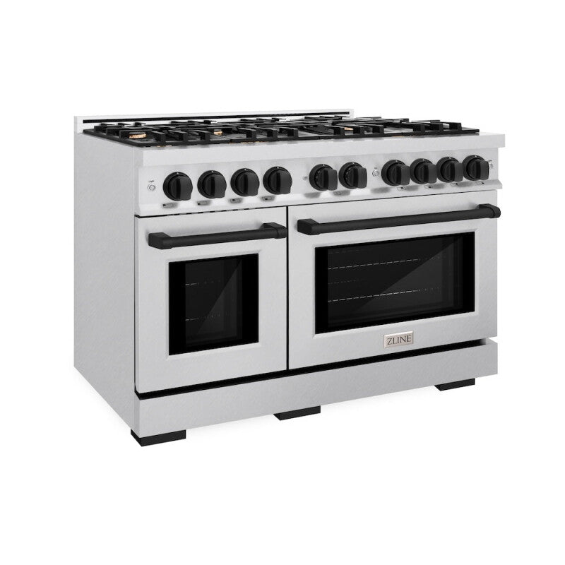 ZLINE Autograph Edition 48 in. 6.7 cu. ft. Select Double Oven Dual Fuel Range with 8 Burner Gas Cooktop in DuraSnow® Stainless Steel and Matte Black Accents (HDRSZ-48-MB) - (HDRSZ48MB) -