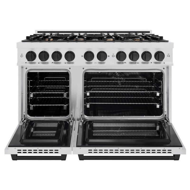 ZLINE Autograph Edition 48 in. 6.7 cu. ft. Select Double Oven Dual Fuel Range with 8 Burner Gas Cooktop in DuraSnow® Stainless Steel and Matte Black Accents (HDRSZ-48-MB) - (HDRSZ48MB) -