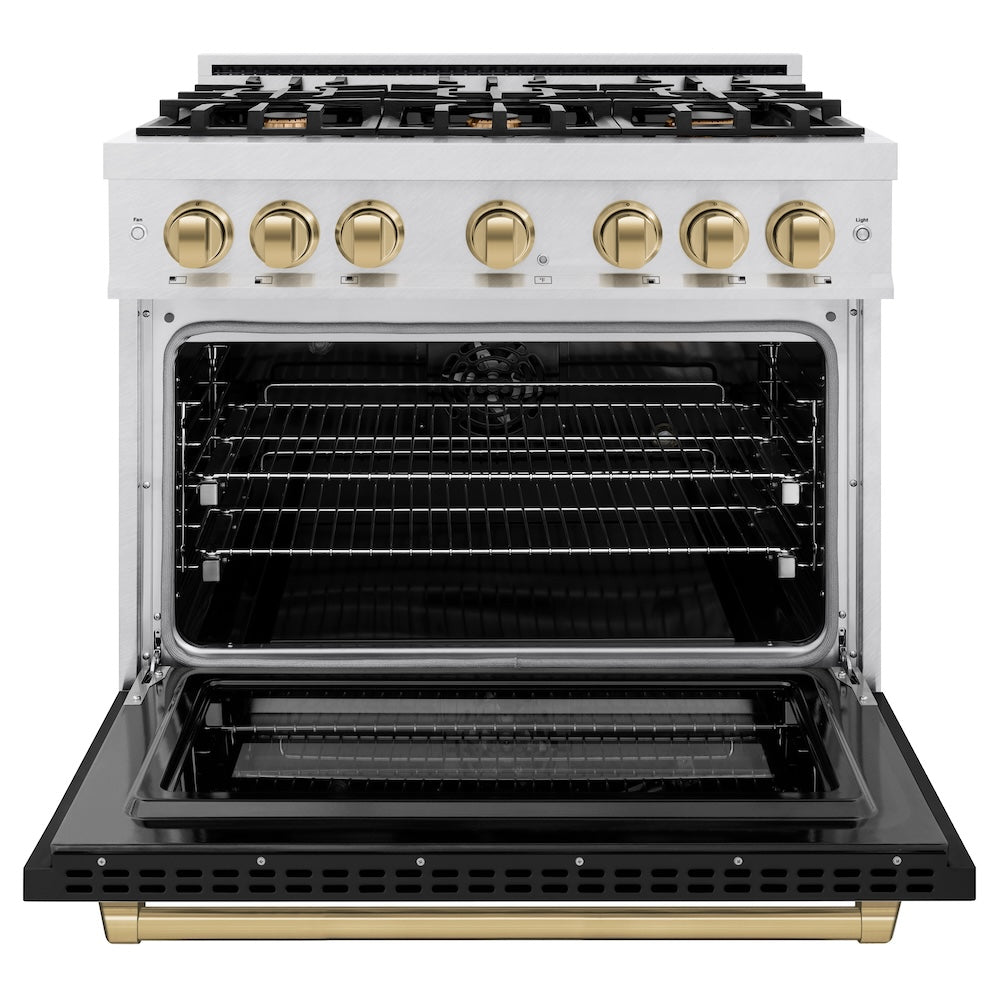 ZLINE Autograph Edition 36 in. 5.2 cu. ft. Select Dual Fuel Range with 6 Burner Gas Cooktop and Electric Convection Oven in DuraSnow® Stainless Steel with Black Matte Door and Champagne Bronze Accents (HDRSZ-BLM-36-CB) - (HDRSZBLM36CB) -