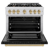 ZLINE Autograph Edition 36 in. 5.2 cu. ft. Select Dual Fuel Range with 6 Burner Gas Cooktop and Electric Convection Oven in DuraSnow® Stainless Steel with Black Matte Door and Champagne Bronze Accents (HDRSZ-BLM-36-CB) - (HDRSZBLM36CB) -