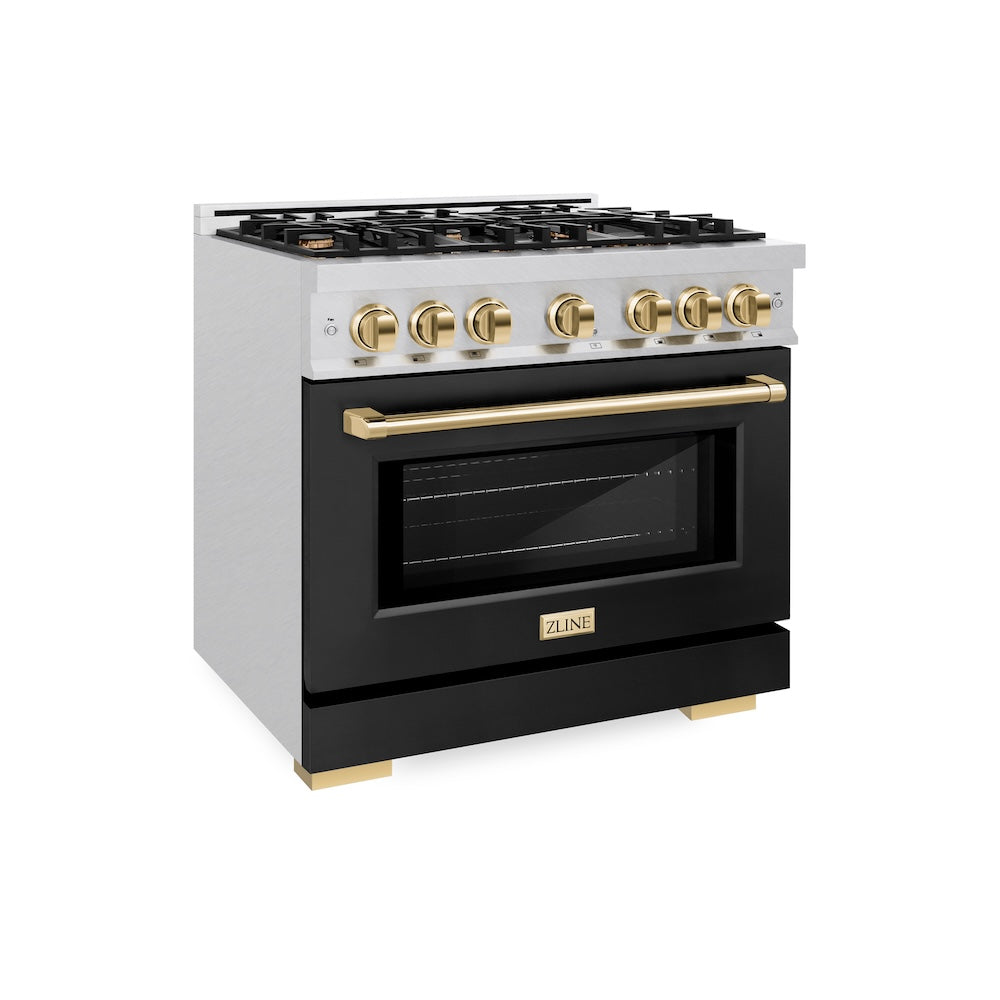 ZLINE Autograph Edition 36 in. 5.2 cu. ft. Select Dual Fuel Range with 6 Burner Gas Cooktop and Electric Convection Oven in DuraSnow® Stainless Steel with Black Matte Door and Polished Gold Accents (HDRSZ-BLM-36-G) - (HDRSZBLM36G) -