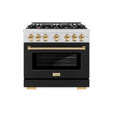 ZLINE Autograph Edition 36 in. 5.2 cu. ft. Select Dual Fuel Range with 6 Burner Gas Cooktop and Electric Convection Oven in DuraSnow® Stainless Steel with Black Matte Door and Polished Gold Accents (HDRSZ-BLM-36-G) - (HDRSZBLM36G) -
