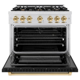 ZLINE Autograph Edition 36 in. 5.2 cu. ft. Select Dual Fuel Range with 6 Burner Gas Cooktop and Electric Convection Oven in DuraSnow® Stainless Steel with Black Matte Door and Polished Gold Accents (HDRSZ-BLM-36-G) - (HDRSZBLM36G) -