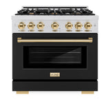 ZLINE Autograph Edition 36 in. 5.2 cu. ft. Select Dual Fuel Range with 6 Burner Gas Cooktop and Electric Convection Oven in DuraSnow® Stainless Steel with Black Matte Door and Polished Gold Accents (HDRSZ-BLM-36-G) - (HDRSZBLM36G) -