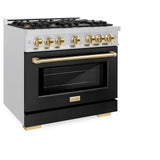 ZLINE Autograph Edition 36 in. 5.2 cu. ft. Select Dual Fuel Range with 6 Burner Gas Cooktop and Electric Convection Oven in DuraSnow® Stainless Steel with Black Matte Door and Polished Gold Accents (HDRSZ-BLM-36-G) - (HDRSZBLM36G) -