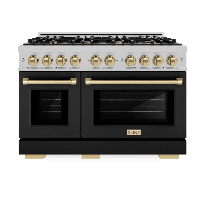 ZLINE Autograph Edition 48 in. 6.7 cu. ft. Select Double Oven Dual Fuel Range with 8 Burner Gas Cooktop in DuraSnow® Stainless Steel with Black Matte Doors and Champagne Bronze Accents (HDRSZ-BLM-48-CB) - (HDRSZBLM48CB) -