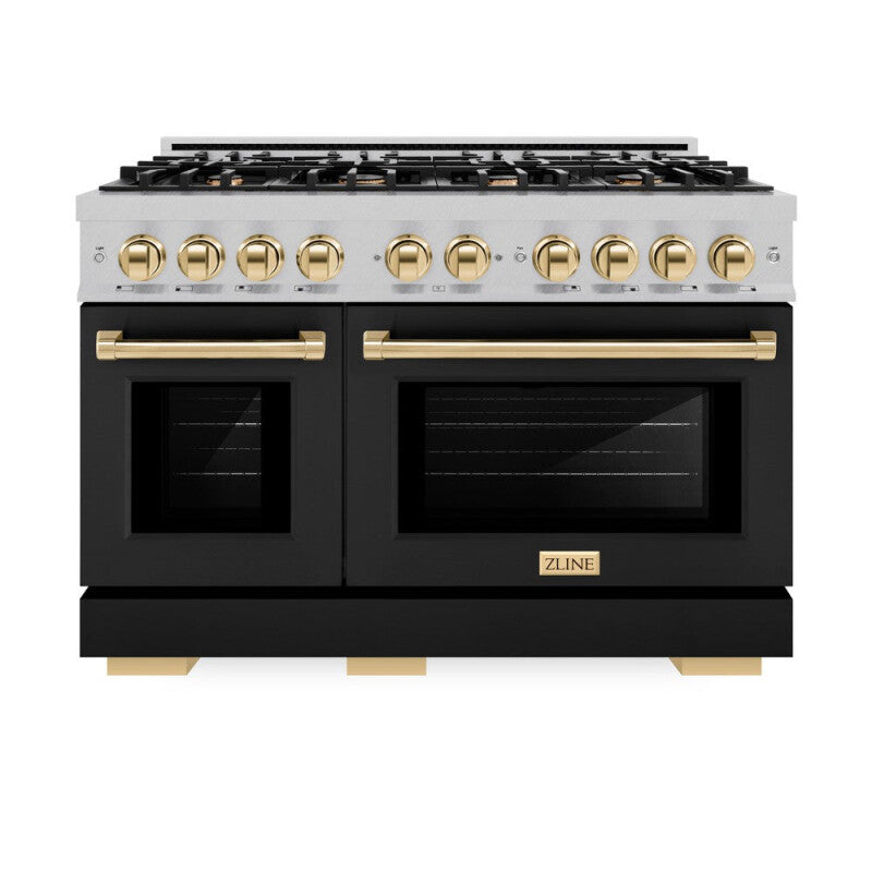 ZLINE Autograph Edition 48 in. 6.7 cu. ft. Select Double Oven Dual Fuel Range with 8 Burner Gas Cooktop in DuraSnow® Stainless Steel with Black Matte Doors and Polished Gold Accents (HDRSZ-BLM-48-G) - (HDRSZBLM48G) -