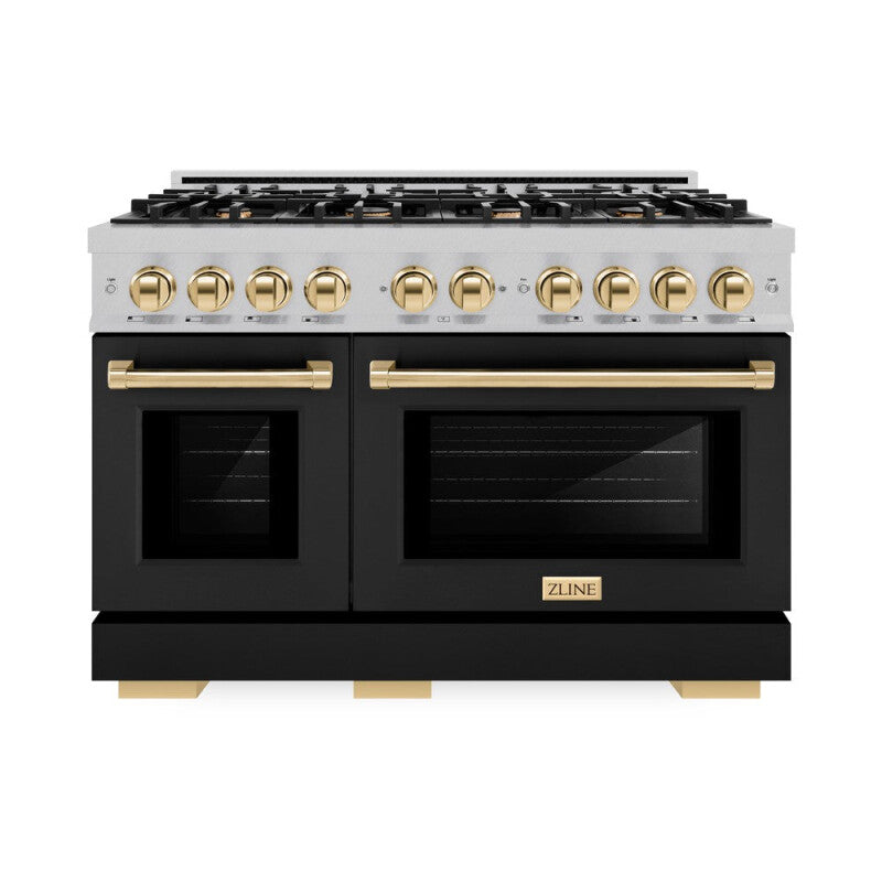 ZLINE Autograph Edition 48 in. 6.7 cu. ft. Select Double Oven Dual Fuel Range with 8 Burner Gas Cooktop in DuraSnow® Stainless Steel with Black Matte Doors and Polished Gold Accents (HDRSZ-BLM-48-G) - (HDRSZBLM48G) -