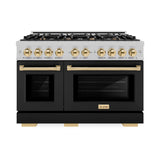 ZLINE Autograph Edition 48 in. 6.7 cu. ft. Select Double Oven Dual Fuel Range with 8 Burner Gas Cooktop in DuraSnow® Stainless Steel with Black Matte Doors and Polished Gold Accents (HDRSZ-BLM-48-G) - (HDRSZBLM48G) -