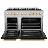 ZLINE Autograph Edition 48 in. 6.7 cu. ft. Select Double Oven Dual Fuel Range with 8 Burner Gas Cooktop in DuraSnow® Stainless Steel with Black Matte Doors and Polished Gold Accents (HDRSZ-BLM-48-G) - (HDRSZBLM48G) -
