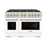 ZLINE Autograph Edition 48 in. 6.7 cu. ft. Select Double Oven Dual Fuel Range with 8 Burner Gas Cooktop in DuraSnow® Stainless Steel with White Matte Doors and Polished Gold Accents (HDRSZ-WM-48-G) - (HDRSZWM48G) -