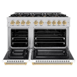 ZLINE Autograph Edition 48 in. 6.7 cu. ft. Select Double Oven Dual Fuel Range with 8 Burner Gas Cooktop in DuraSnow® Stainless Steel with White Matte Doors and Polished Gold Accents (HDRSZ-WM-48-G) - (HDRSZWM48G) -