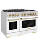 ZLINE Autograph Edition 48 in. 6.7 cu. ft. Select Double Oven Dual Fuel Range with 8 Burner Gas Cooktop in DuraSnow® Stainless Steel with White Matte Doors and Polished Gold Accents (HDRSZ-WM-48-G) - (HDRSZWM48G) -
